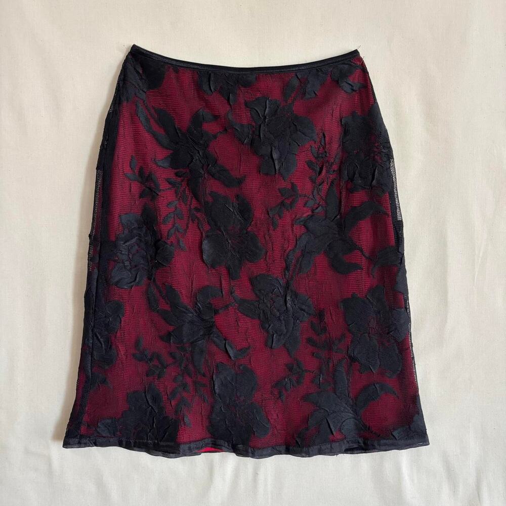 VTG 90s A. Ambrey Red Black Floral Mesh Overlay Midi Skirt Whimsygoth -Size S